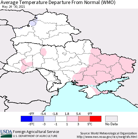 Ukraine, Moldova and Belarus Average Temperature Departure from Normal (WMO) Thematic Map For 5/24/2021 - 5/30/2021