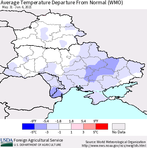 Ukraine, Moldova and Belarus Average Temperature Departure from Normal (WMO) Thematic Map For 5/31/2021 - 6/6/2021