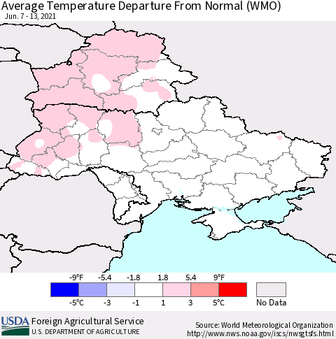 Ukraine, Moldova and Belarus Average Temperature Departure from Normal (WMO) Thematic Map For 6/7/2021 - 6/13/2021