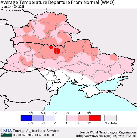 Ukraine, Moldova and Belarus Average Temperature Departure from Normal (WMO) Thematic Map For 6/14/2021 - 6/20/2021
