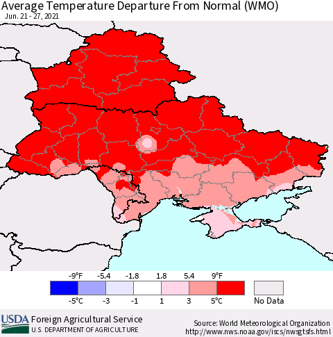 Ukraine, Moldova and Belarus Average Temperature Departure from Normal (WMO) Thematic Map For 6/21/2021 - 6/27/2021