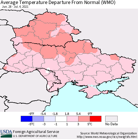 Ukraine, Moldova and Belarus Average Temperature Departure from Normal (WMO) Thematic Map For 6/28/2021 - 7/4/2021