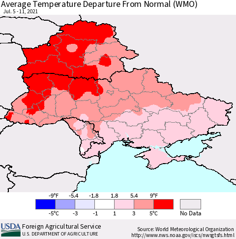 Ukraine, Moldova and Belarus Average Temperature Departure from Normal (WMO) Thematic Map For 7/5/2021 - 7/11/2021