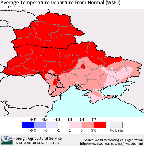 Ukraine, Moldova and Belarus Average Temperature Departure from Normal (WMO) Thematic Map For 7/12/2021 - 7/18/2021