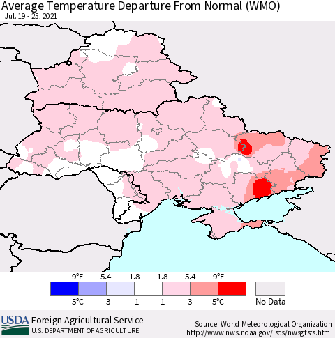 Ukraine, Moldova and Belarus Average Temperature Departure from Normal (WMO) Thematic Map For 7/19/2021 - 7/25/2021