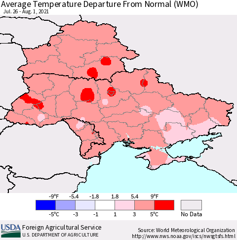 Ukraine, Moldova and Belarus Average Temperature Departure from Normal (WMO) Thematic Map For 7/26/2021 - 8/1/2021