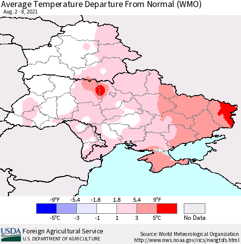 Ukraine, Moldova and Belarus Average Temperature Departure from Normal (WMO) Thematic Map For 8/2/2021 - 8/8/2021