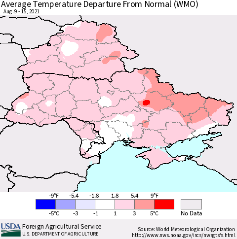 Ukraine, Moldova and Belarus Average Temperature Departure from Normal (WMO) Thematic Map For 8/9/2021 - 8/15/2021