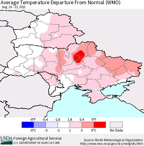 Ukraine, Moldova and Belarus Average Temperature Departure from Normal (WMO) Thematic Map For 8/16/2021 - 8/22/2021