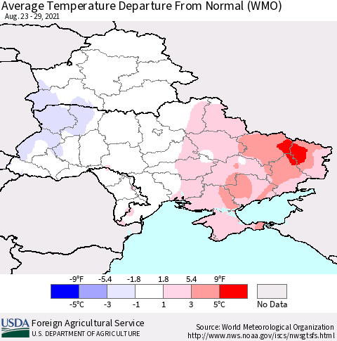 Ukraine, Moldova and Belarus Average Temperature Departure from Normal (WMO) Thematic Map For 8/23/2021 - 8/29/2021
