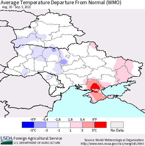Ukraine, Moldova and Belarus Average Temperature Departure from Normal (WMO) Thematic Map For 8/30/2021 - 9/5/2021