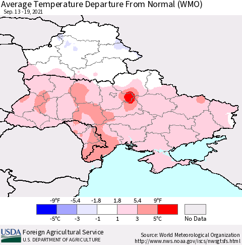 Ukraine, Moldova and Belarus Average Temperature Departure from Normal (WMO) Thematic Map For 9/13/2021 - 9/19/2021