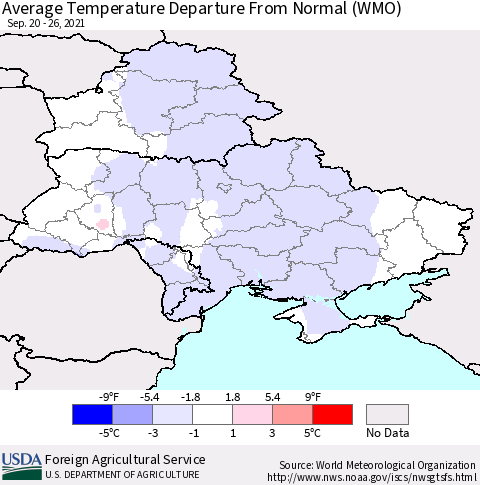 Ukraine, Moldova and Belarus Average Temperature Departure from Normal (WMO) Thematic Map For 9/20/2021 - 9/26/2021