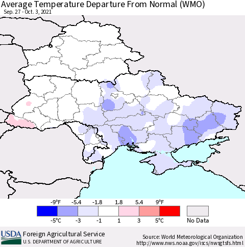Ukraine, Moldova and Belarus Average Temperature Departure from Normal (WMO) Thematic Map For 9/27/2021 - 10/3/2021