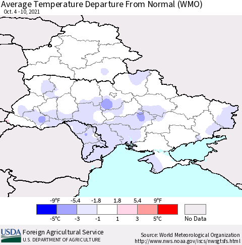 Ukraine, Moldova and Belarus Average Temperature Departure from Normal (WMO) Thematic Map For 10/4/2021 - 10/10/2021