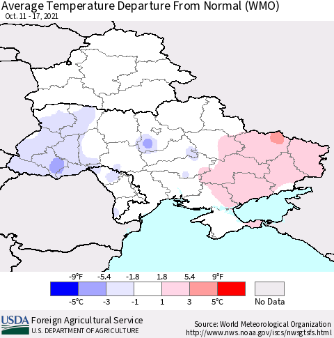 Ukraine, Moldova and Belarus Average Temperature Departure from Normal (WMO) Thematic Map For 10/11/2021 - 10/17/2021