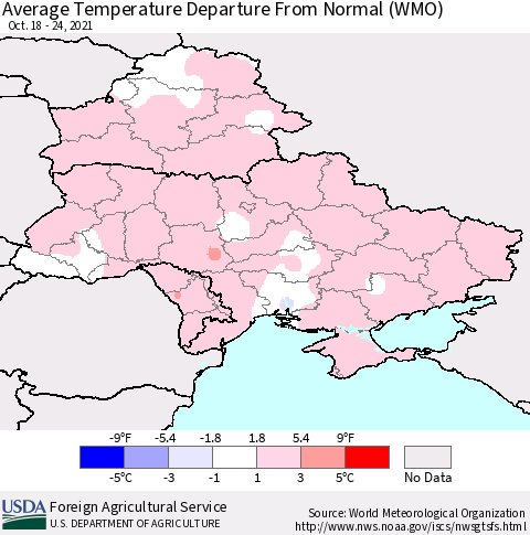 Ukraine, Moldova and Belarus Average Temperature Departure from Normal (WMO) Thematic Map For 10/18/2021 - 10/24/2021