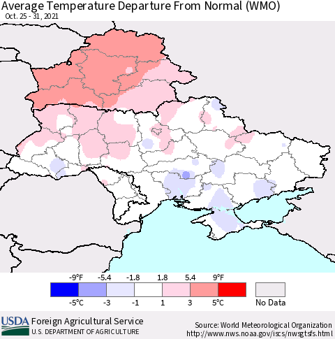 Ukraine, Moldova and Belarus Average Temperature Departure from Normal (WMO) Thematic Map For 10/25/2021 - 10/31/2021