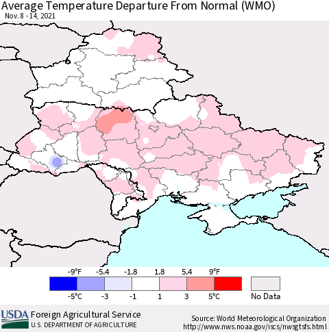 Ukraine, Moldova and Belarus Average Temperature Departure from Normal (WMO) Thematic Map For 11/8/2021 - 11/14/2021