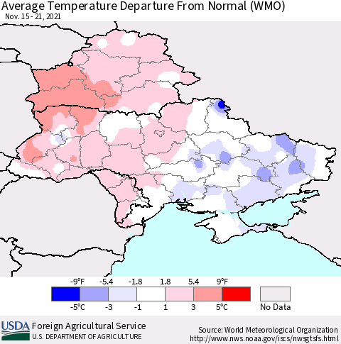 Ukraine, Moldova and Belarus Average Temperature Departure From Normal (WMO) Thematic Map For 11/15/2021 - 11/21/2021