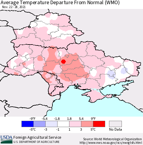 Ukraine, Moldova and Belarus Average Temperature Departure from Normal (WMO) Thematic Map For 11/22/2021 - 11/28/2021