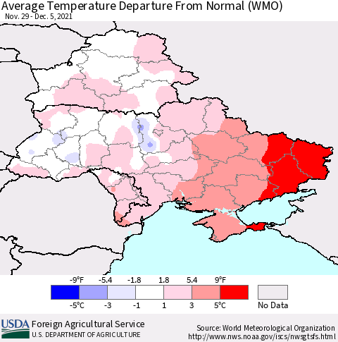 Ukraine, Moldova and Belarus Average Temperature Departure from Normal (WMO) Thematic Map For 11/29/2021 - 12/5/2021