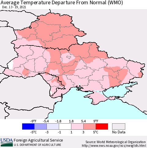 Ukraine, Moldova and Belarus Average Temperature Departure from Normal (WMO) Thematic Map For 12/13/2021 - 12/19/2021