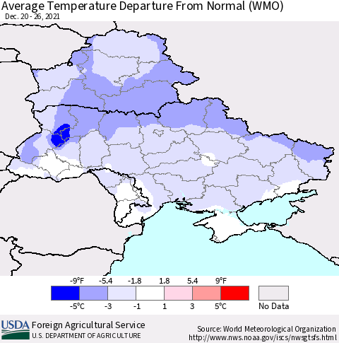 Ukraine, Moldova and Belarus Average Temperature Departure from Normal (WMO) Thematic Map For 12/20/2021 - 12/26/2021