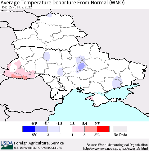 Ukraine, Moldova and Belarus Average Temperature Departure from Normal (WMO) Thematic Map For 12/27/2021 - 1/2/2022