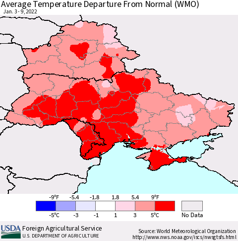 Ukraine, Moldova and Belarus Average Temperature Departure from Normal (WMO) Thematic Map For 1/3/2022 - 1/9/2022