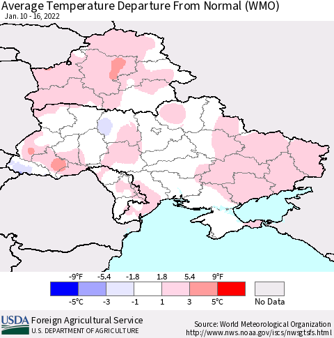 Ukraine, Moldova and Belarus Average Temperature Departure from Normal (WMO) Thematic Map For 1/10/2022 - 1/16/2022