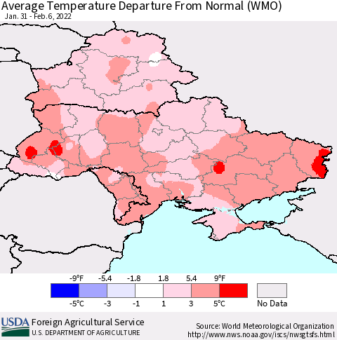 Ukraine, Moldova and Belarus Average Temperature Departure from Normal (WMO) Thematic Map For 1/31/2022 - 2/6/2022