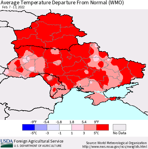 Ukraine, Moldova and Belarus Average Temperature Departure from Normal (WMO) Thematic Map For 2/7/2022 - 2/13/2022
