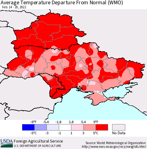 Ukraine, Moldova and Belarus Average Temperature Departure from Normal (WMO) Thematic Map For 2/14/2022 - 2/20/2022