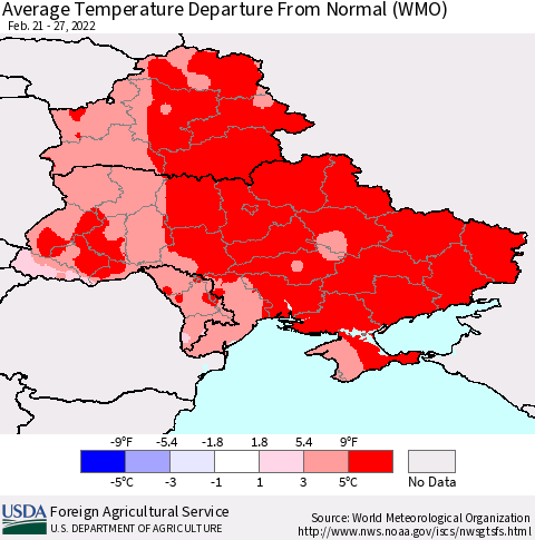 Ukraine, Moldova and Belarus Average Temperature Departure from Normal (WMO) Thematic Map For 2/21/2022 - 2/27/2022