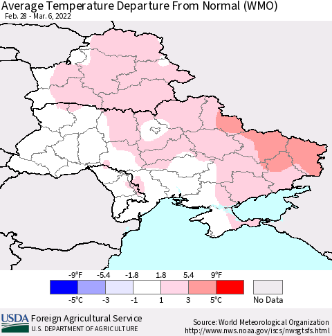 Ukraine, Moldova and Belarus Average Temperature Departure from Normal (WMO) Thematic Map For 2/28/2022 - 3/6/2022