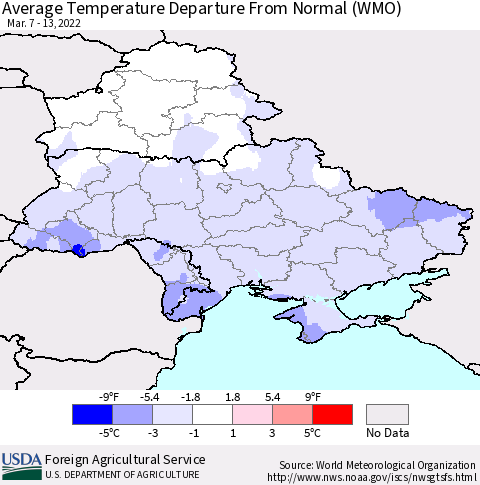 Ukraine, Moldova and Belarus Average Temperature Departure from Normal (WMO) Thematic Map For 3/7/2022 - 3/13/2022