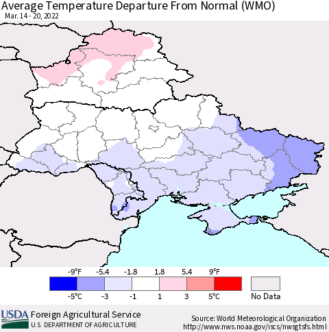 Ukraine, Moldova and Belarus Average Temperature Departure from Normal (WMO) Thematic Map For 3/14/2022 - 3/20/2022