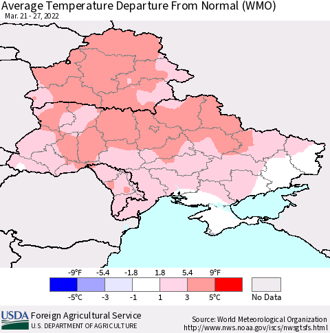 Ukraine, Moldova and Belarus Average Temperature Departure from Normal (WMO) Thematic Map For 3/21/2022 - 3/27/2022