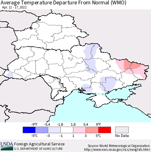 Ukraine, Moldova and Belarus Average Temperature Departure from Normal (WMO) Thematic Map For 4/11/2022 - 4/17/2022