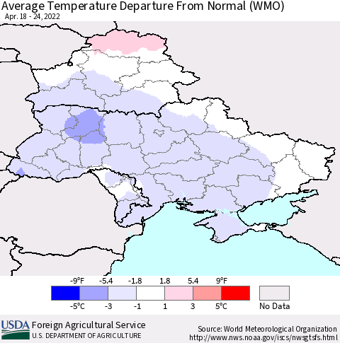 Ukraine, Moldova and Belarus Average Temperature Departure from Normal (WMO) Thematic Map For 4/18/2022 - 4/24/2022