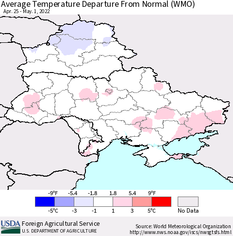 Ukraine, Moldova and Belarus Average Temperature Departure from Normal (WMO) Thematic Map For 4/25/2022 - 5/1/2022