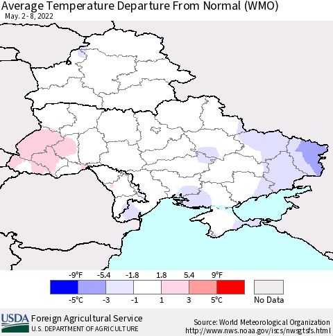 Ukraine, Moldova and Belarus Average Temperature Departure from Normal (WMO) Thematic Map For 5/2/2022 - 5/8/2022