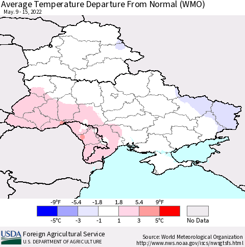 Ukraine, Moldova and Belarus Average Temperature Departure from Normal (WMO) Thematic Map For 5/9/2022 - 5/15/2022