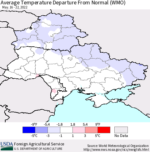 Ukraine, Moldova and Belarus Average Temperature Departure from Normal (WMO) Thematic Map For 5/16/2022 - 5/22/2022