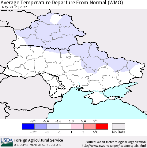 Ukraine, Moldova and Belarus Average Temperature Departure from Normal (WMO) Thematic Map For 5/23/2022 - 5/29/2022