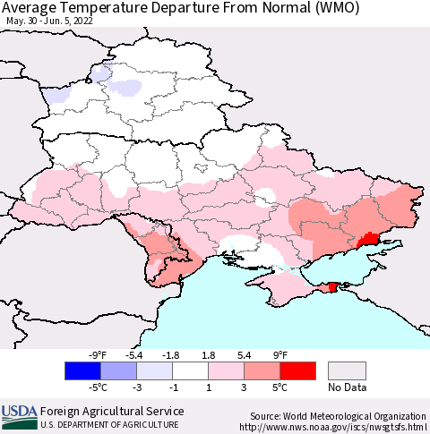 Ukraine, Moldova and Belarus Average Temperature Departure from Normal (WMO) Thematic Map For 5/30/2022 - 6/5/2022