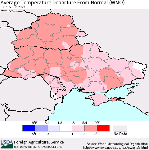 Ukraine, Moldova and Belarus Average Temperature Departure from Normal (WMO) Thematic Map For 6/6/2022 - 6/12/2022