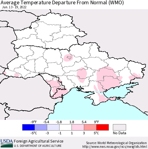 Ukraine, Moldova and Belarus Average Temperature Departure from Normal (WMO) Thematic Map For 6/13/2022 - 6/19/2022