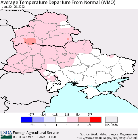 Ukraine, Moldova and Belarus Average Temperature Departure from Normal (WMO) Thematic Map For 6/20/2022 - 6/26/2022